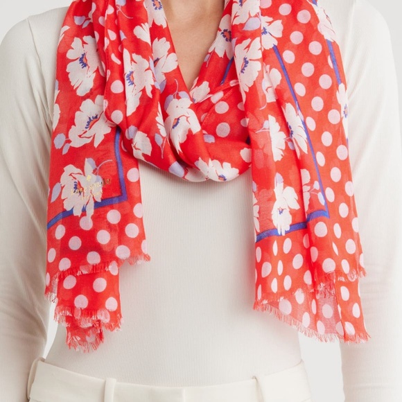 Kate Spade Red Floral Polka Dot Scarf - Picture 1 of 6